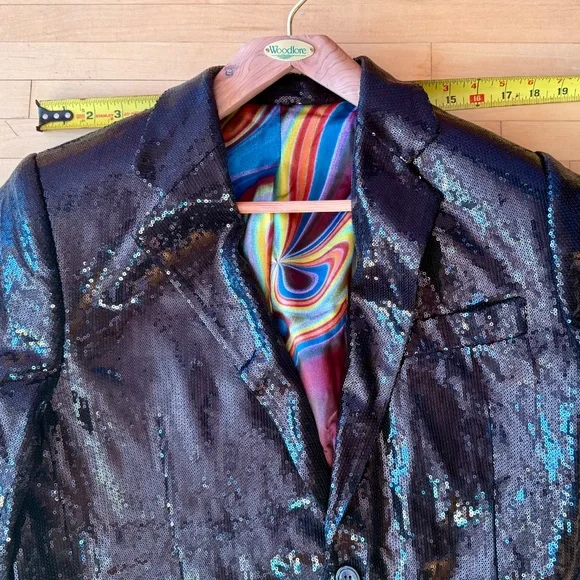 Men’s Black Sequin Blazer Jacket Made in USA Large 42R Disco Eras Tour NYE
